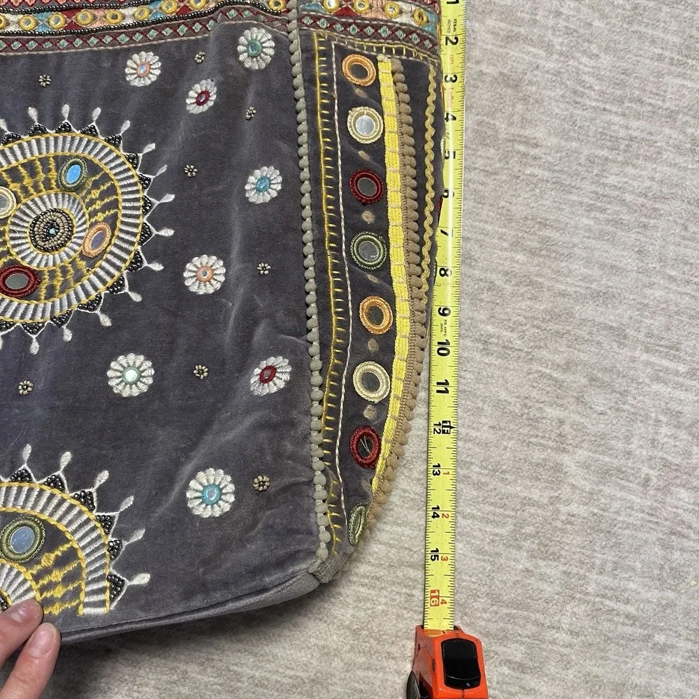 Mira Embroidered Velvet Tote Bag Boho‎ Gypsy Mirror Work Handmade Purse - Picture 7 of 8